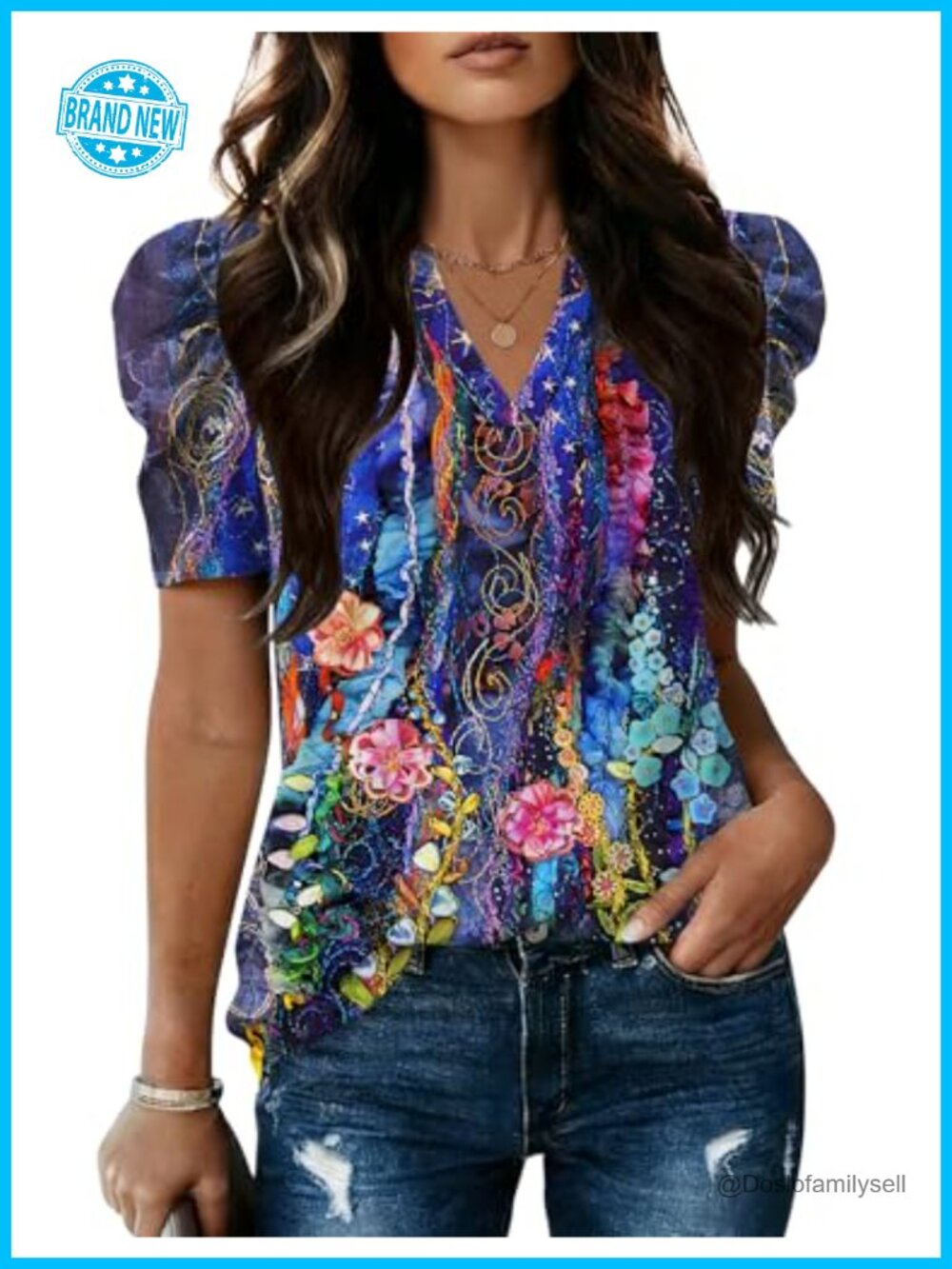 Womens V Neck Puff Short Sleeve Blouse Trendy Casual Work Top